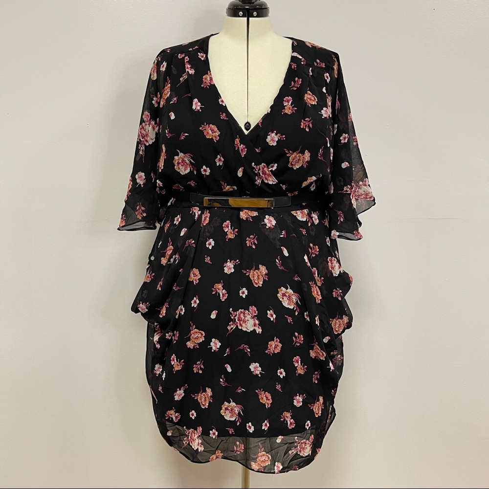 City Chic Black Floral Draped Wrap Dress Sz 22